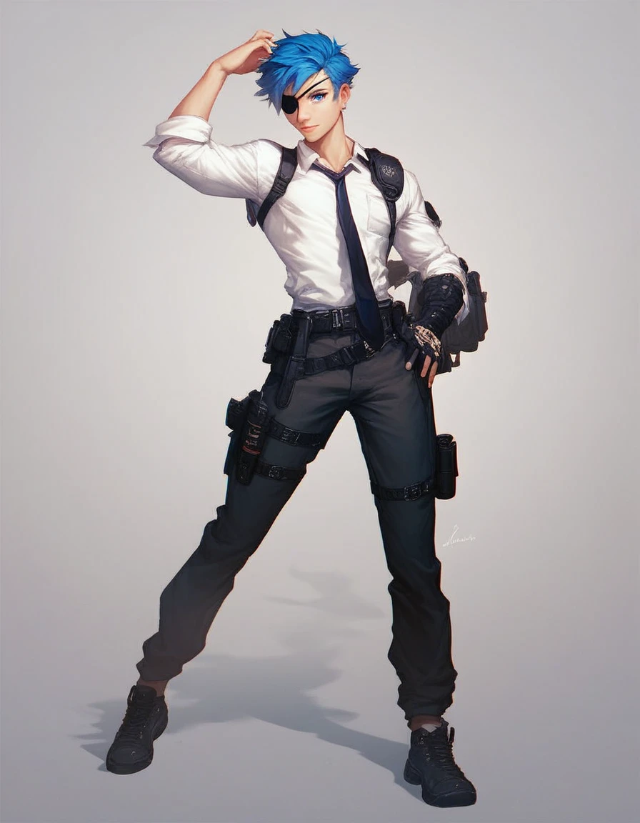 Human Male,oc , short hair Style , Simple background, manga Style , wearing eye patch , white shirt ,Shoulder Holster ,pose ,Full body ,Tie  ,