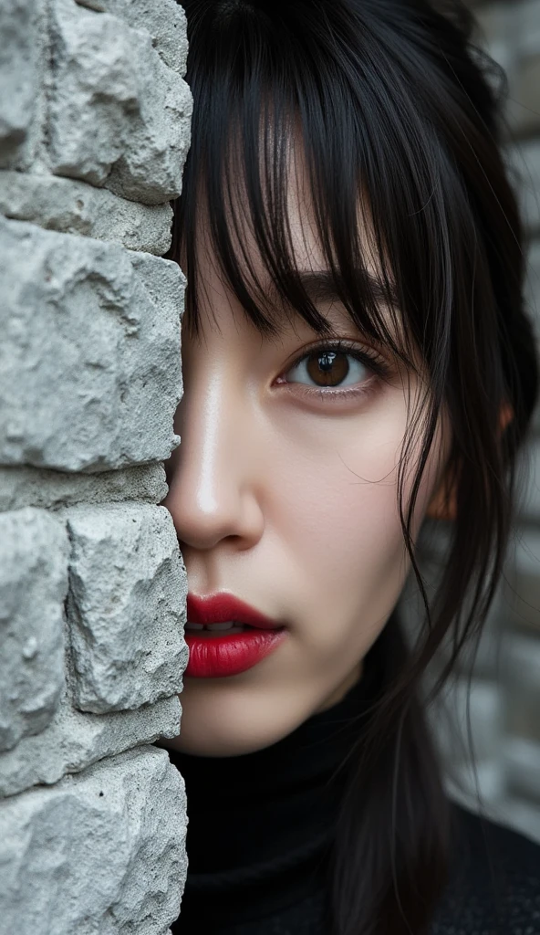 "A captivating minimalist portrait of an East-Asian woman with a Viking-inspired look. The left half of her face is visible, her delicate features merging seamlessly into a cobblestone wall. Her soft, bright red lips stand out against the monochromatic background, drawing the viewer’s attention. Her eyes hold a subtle, mysterious expression, exuding both haunting and enchanting vibes. The simplicity of the composition, with its stark contrast, evokes a sense of ethereal beauty."