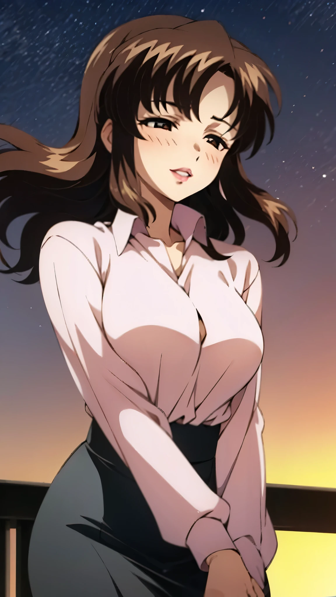 (super high quality, super high resolution ,16k,super masterpiece,Ultra HD ,Detailed shading and background,)Shooting from below,One sexy mature woman,(Long-sleeved pink shirt unbuttoned and unfolded,Red pencil skirt,)smile,Thick lips,blush,Sky background with a view of the sunset,Hair lifted by the wind,Hold your hair with one hand,