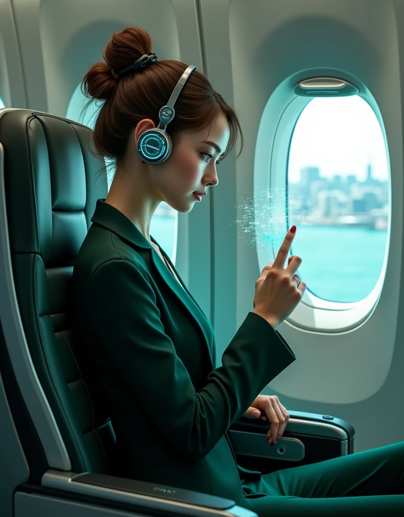 The girl in the Hat ,  dressed in a dark green Tuxedo ,  Hairstyle Elegant ,  in one Ear Headphone with a light with the text on it ,  In front of her face A hologram with a text assignment ,  background Airplane Board ,  Comfortable Polycarbonate seat with various innovative seat gadgets Trendy with Airplane Window View,  Luxury Salon ,  complex details, masterpiece, bright colors, Game of Shadows, Post-processing, maximum quality,  Beautiful and Clear Color Rendering ,  The muted lights on board the Airplane ,  Beautiful view from the Airplane Window, the sea and City buildings ,  All Detailed , 8-16k resolution ,  Clear Image Processing , 