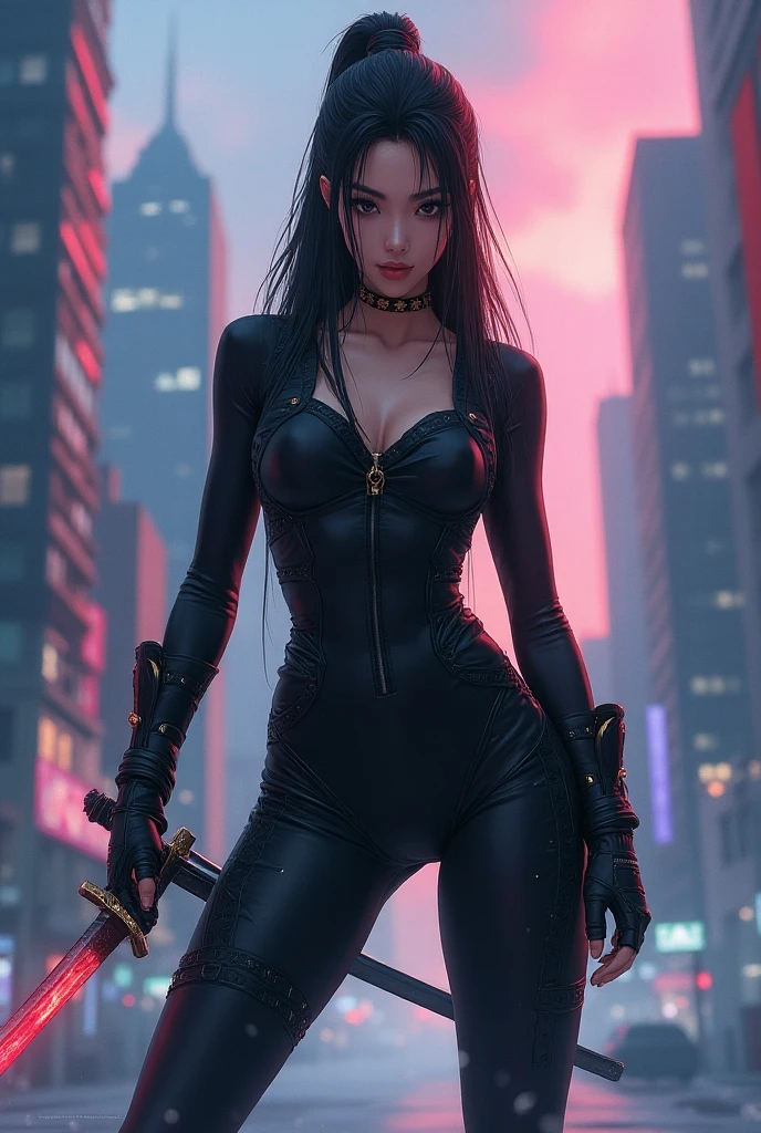 at night, some buildings in the united states, bars, purple phosphorescent lights, and a single woman with long black hair and blue eyes, small nose,super pretty in a short strapless black leather dress, and some black leather boots, and two katanas on his back, head on, brillitos, body with good proportions
