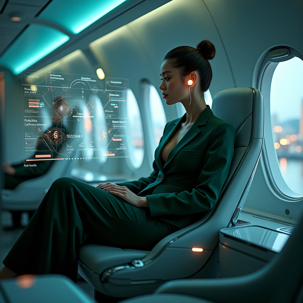 A girl in a Hat, dressed in a dark green tuxedo, Elegant hairstyle, in one Ear bluetooth Earphone with a glowing text on it, In front of her face Hologram with a text task, background Airplane Board, Comfortable Polycarbonate Chair with various innovative gadgets in the seat Fashionable with a View at the Window of the Airplane, Luxury cabin, Intricate Details, Masterpiece, Vivid Colors, Shadow Play, Post Processing, Maximum Quality, Beautiful and Clear Color rendition, Dim light on board the plane, Beautiful view from the Window of the plane sea and city buildings, All details, 8-16k resolution, Clear Image Processing,