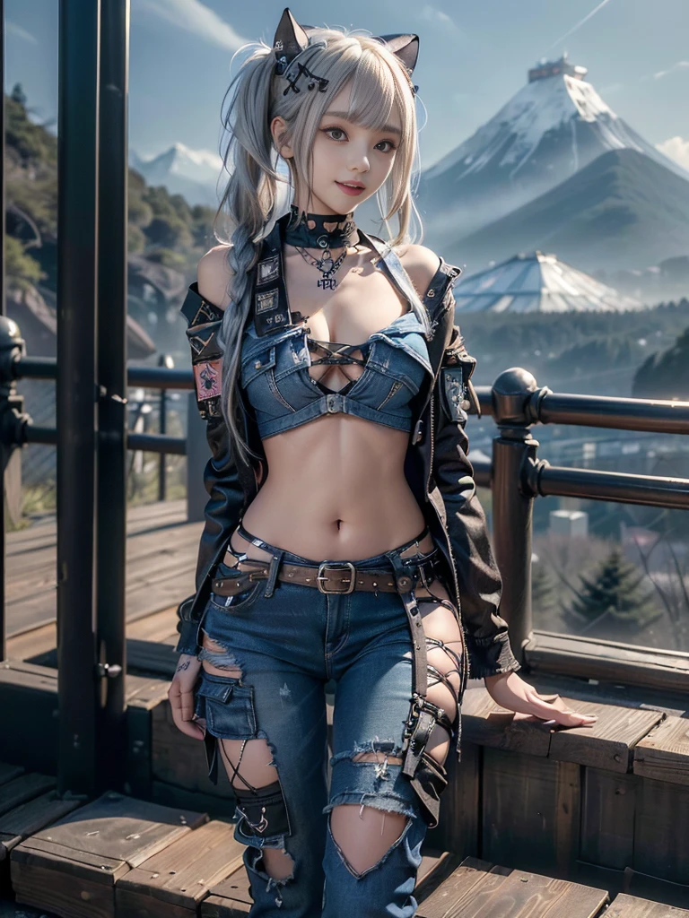 (Beautiful lips and nose:1.4)、(Long eyelashes:1.4)、(Smiling with teeth showing:1.3),(Shibuya Gal:1.5)、(Gothic ta delicately decorated dress:1.5)、(Tattered denim and black punk rock cargo pants:1.5)、(Denim and black navy skull mark small jacket:1.4)、(denim garter belt:1.5)、(Black and denim knee socks:1.3)、(Skull Silver Accessories:1.5)、(Denim collar:1.3)、(Brown Skin Belt:1.4)、(Brown boots:1.2)、(The underwear is striped:1.4)、31 years old、((Highest quality、In 8K、masterpiece:1.3))、Sharp focus:1.2、(Layered Cut、Huge boobs:1.1),Beautiful woman with perfect figure:1.4、(Dancing vigorously:1.3)、Slender Abs:1.2、Highly detailed face and skin texture、Detailed eyes、double eyelid,(Twin tails:1.3)、(Cream colored hair:1.3)、Gravure idol、(The background is a vast mountain with a clear view々Beautiful luxury resort destination in Europe:1.3)、(Slim body:1.2),(Make your legs thinner:1.4),(clavicle:1.1)