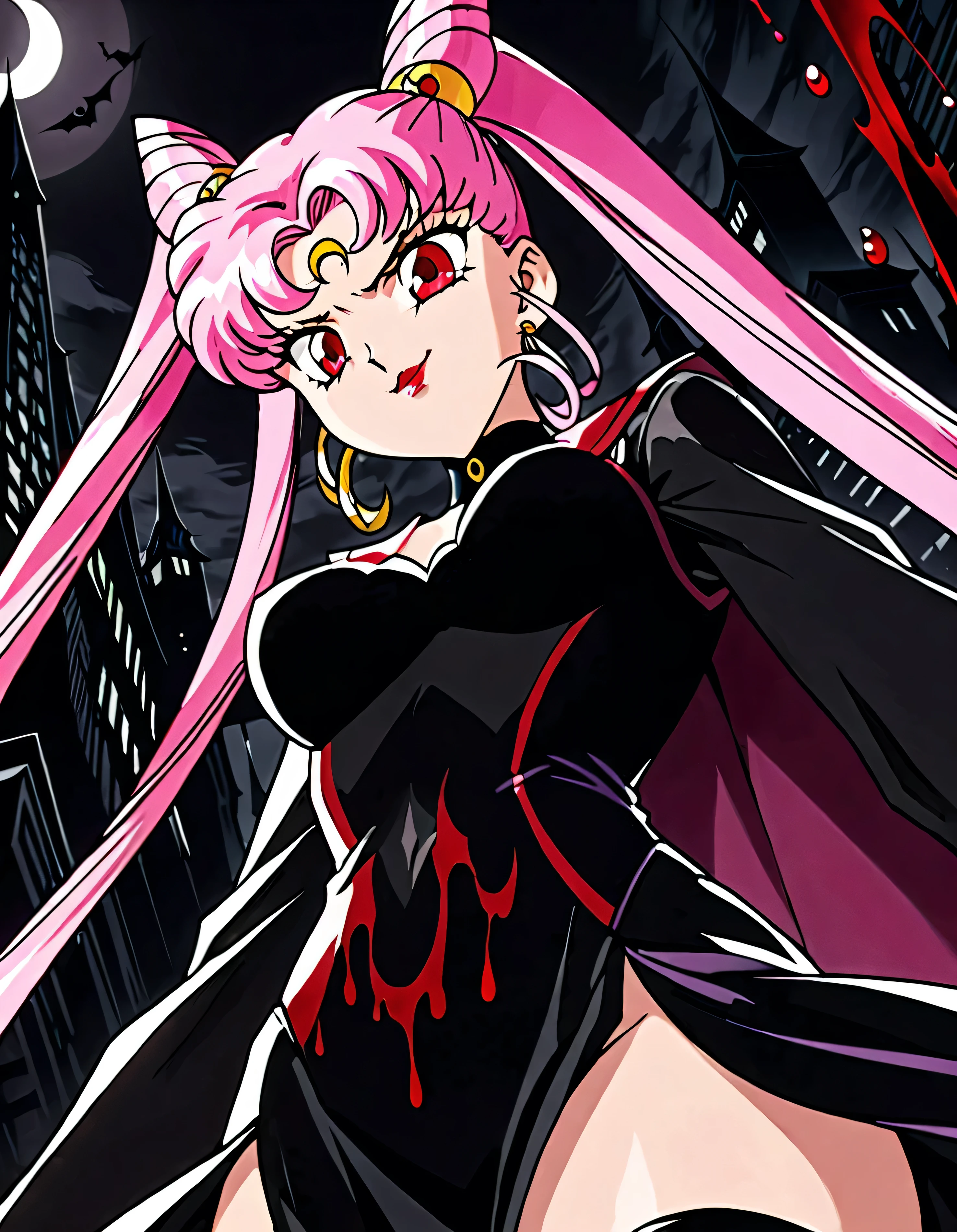 Wicked Lady from Sailor Moon, Pink Hair, Red eyes, , Black crescent moon mark on forehead, very evil smirk,beautiful body,shaded face(eyes in evil shadow),((masterpiece,best quality)), absurdes,black dress,upper body,beautiful face,,looking down at viewer,twintail,,Sadistic ridicule,look down,looking down at viewer,evil darkness ,city of black mog background,from below,close up,Dark Side、Swinging a sword、Blood droplets、darkness,wander