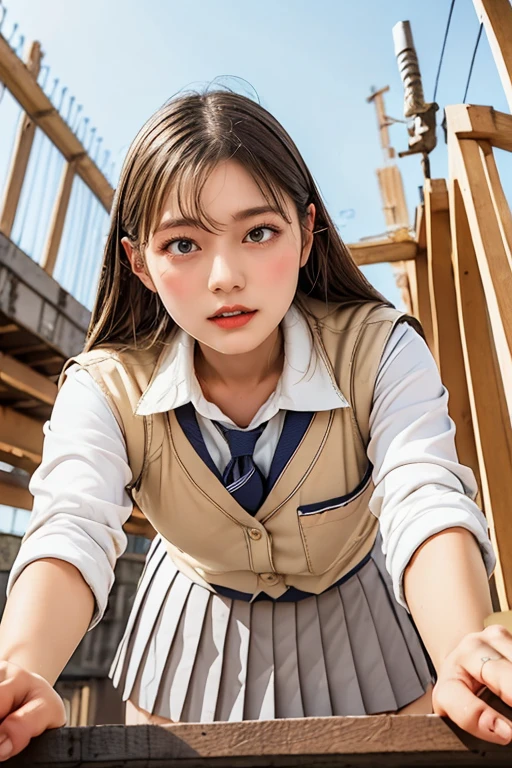 masterpiece, Bokeh, (Beautiful Face), (Detailed face), (Perfect hands:1.2), ( Japanese Idol :1.6), (  school uniform :1.3), ( Large bridge construction site:1.3), ( pinch slip :1.3), Work Boots, (From below:1.5), 