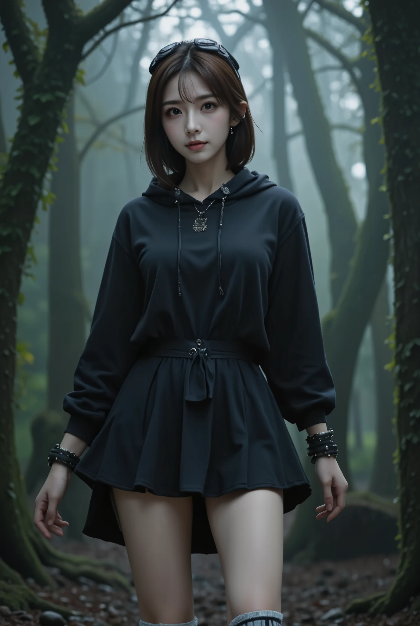 insanely detailed photorealistic illustration. Woman, short hair, brown hair, shiny hair, closed eyes, shiny lips, gorgeous figure, flawless body, sexy, attractive, slender, charming, insanely detailed lips, insanely detailed eyes, insanely detailed body. Black hoodie, black gothic skirt, short skirt, wide skirt, ruffles on the skirt, black And white high knee socks, platform boots, headphones on head, chains, bracelets with spikes. Walking, sexy body curves. In a dark forest, fog, gloom, horror. Beautiful, clear, colorful, rich colors, masterpiece, Wonderful, clear details, high quality, 64k