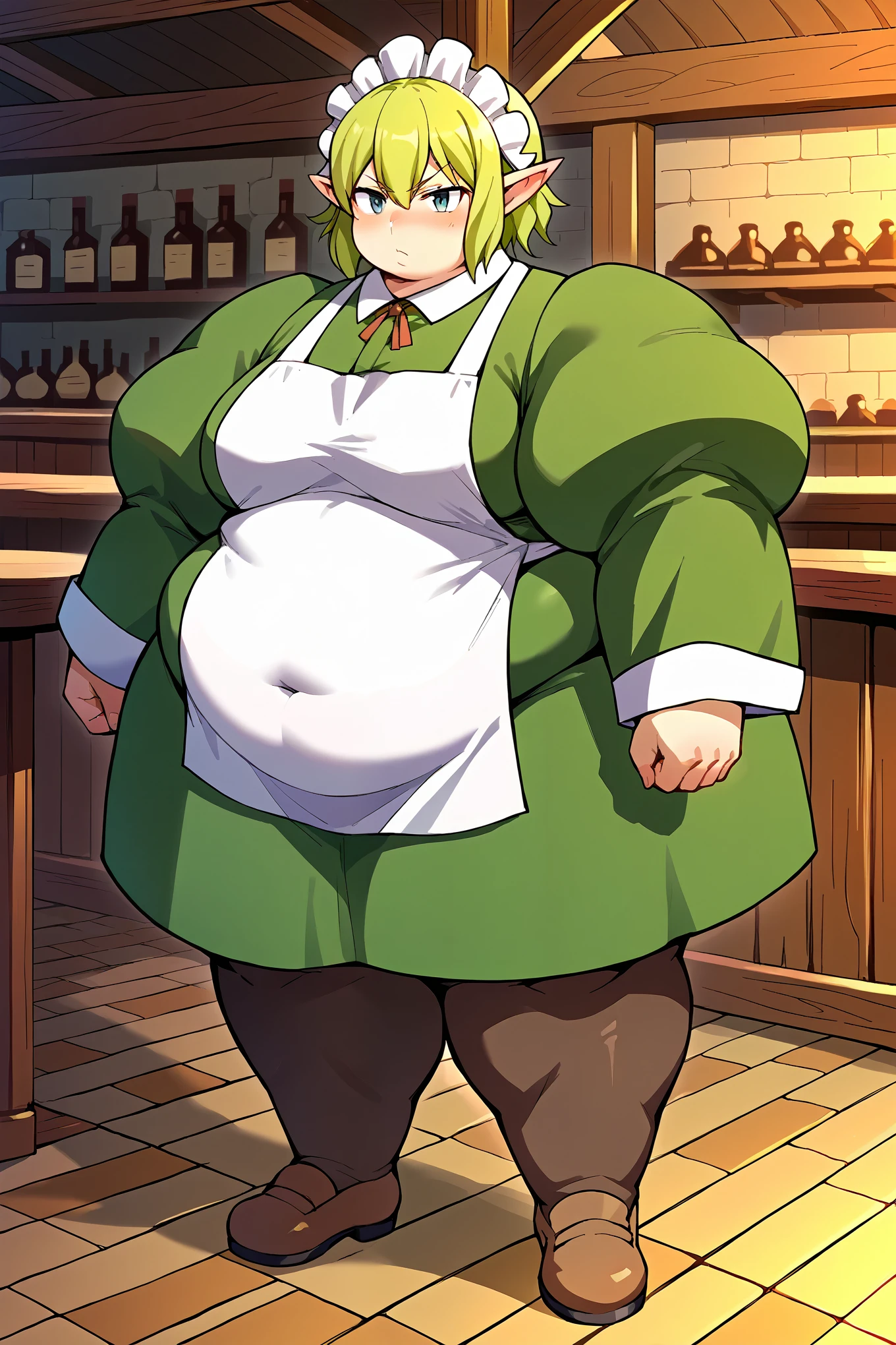 score_9, score_8_up, score_7_up, score_6_up, source_anime, BREAK 1girl, solo  ryuu, green hair, maid headdress, green dress, long sleeves, white apron, pantyhose, looking at you, blush, serious, tavern, indoors, full body shot, fat, chubby, obese, gigantic arms and legs, big belly 