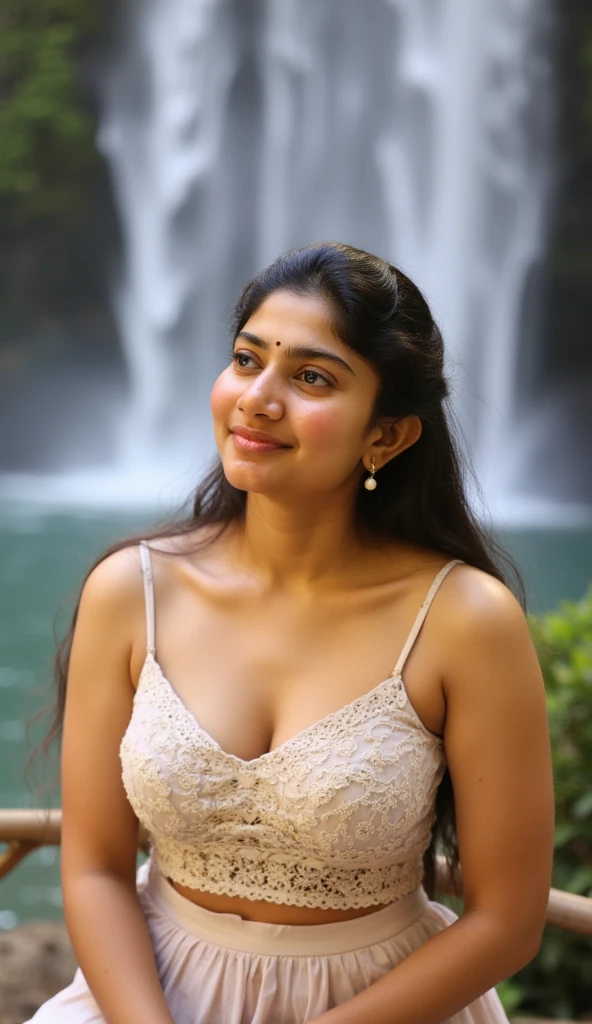 Sai pallavi posing completely nude for a Playboy photoshoot in front of a waterfall on a sunny day, extremely detailed, high quality, photorealistic, beautiful skin, curvy, hourglass figure, swooping breasts with nipples, perfect proportions, detailed face, long hair, beautiful eyes, lush lips, elegant posing, waterfall scenery, sunlit, warm color tones, soft lighting, professional lighting, cinematic, masterpiece