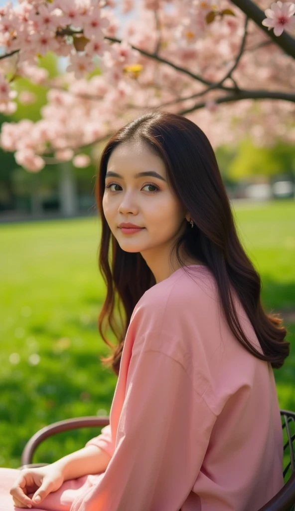 (masterpiece, best quality:1.2), 1girl, solo, beautiful detailed eyes, beautiful detailed lips, extremely detailed face and features, long eyelashes, serene expression, peaceful, contemplative, sitting outdoors, lush garden, cherry blossoms, natural lighting, warm color tones, photorealistic, cinematic