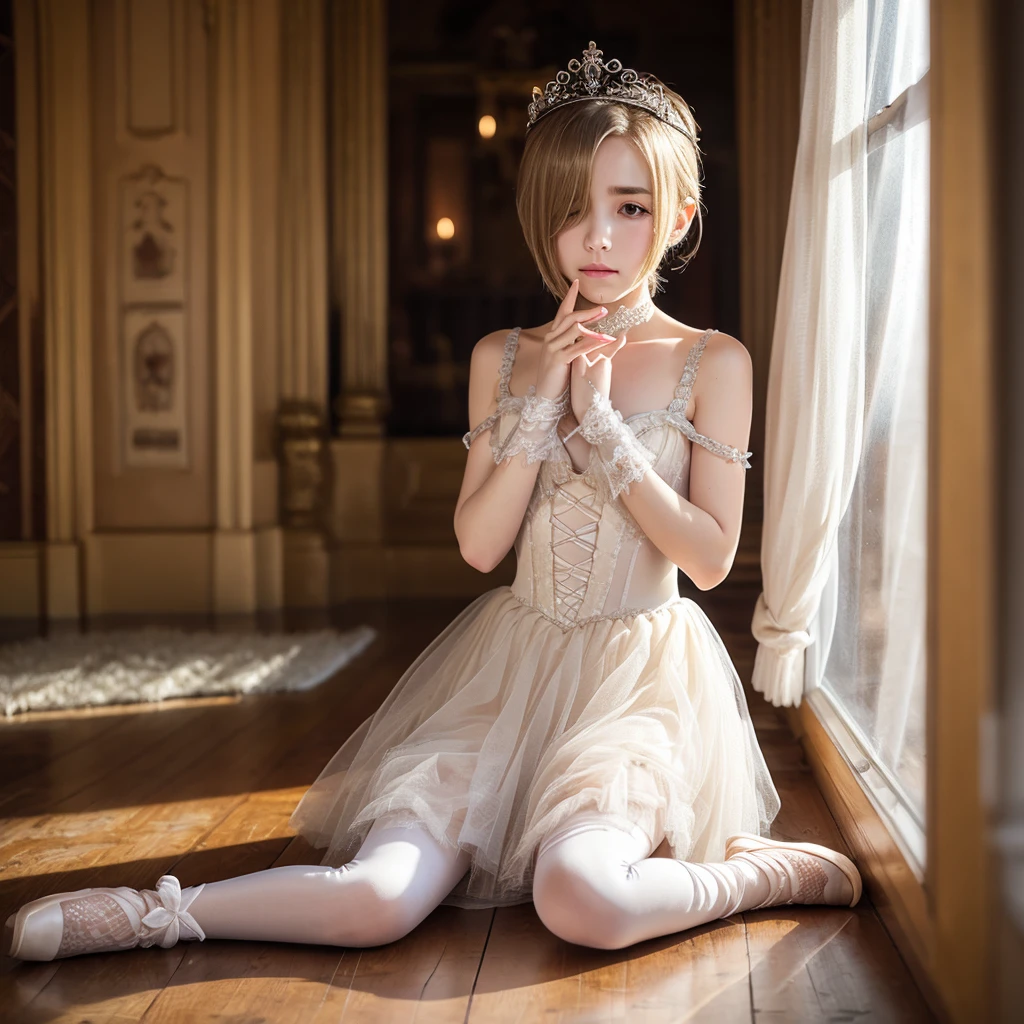 Anime,  a young ballerina princess ,  crying, On her knees,  chained, her arms Tied up behind her, I have bruises all over my body, Tied up, Wear a royal tutu ,  tiara and pointe shoes, Medieval period, Blonde, hair over one eye, short hair,  Brown Eyes ,  flat chest,(Hiding one eye),Hidden right eye,, (Perfect hands,  perfect anatomy),(５Finger),  Shiny Skin 