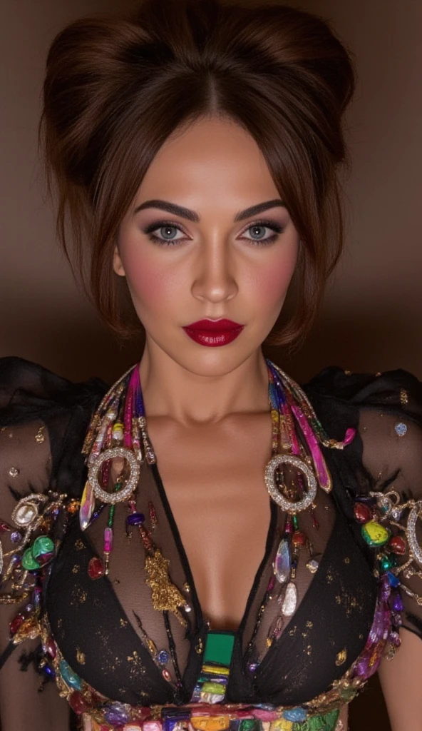 megan fox,catwoman, sorceress,red lips, many layers of colorful cloth, jewelry of silver and gold and emeralds and rubies and sapphires, glimmer, sparkle, high definition, portrait, high fashion, high editorial, pretty eyes, glamorous, detailed, maximalist, ,photorealistic, ultra detailed, fully detailed,unreal engine 5, RTX, ultra cinematic , ultra realistic