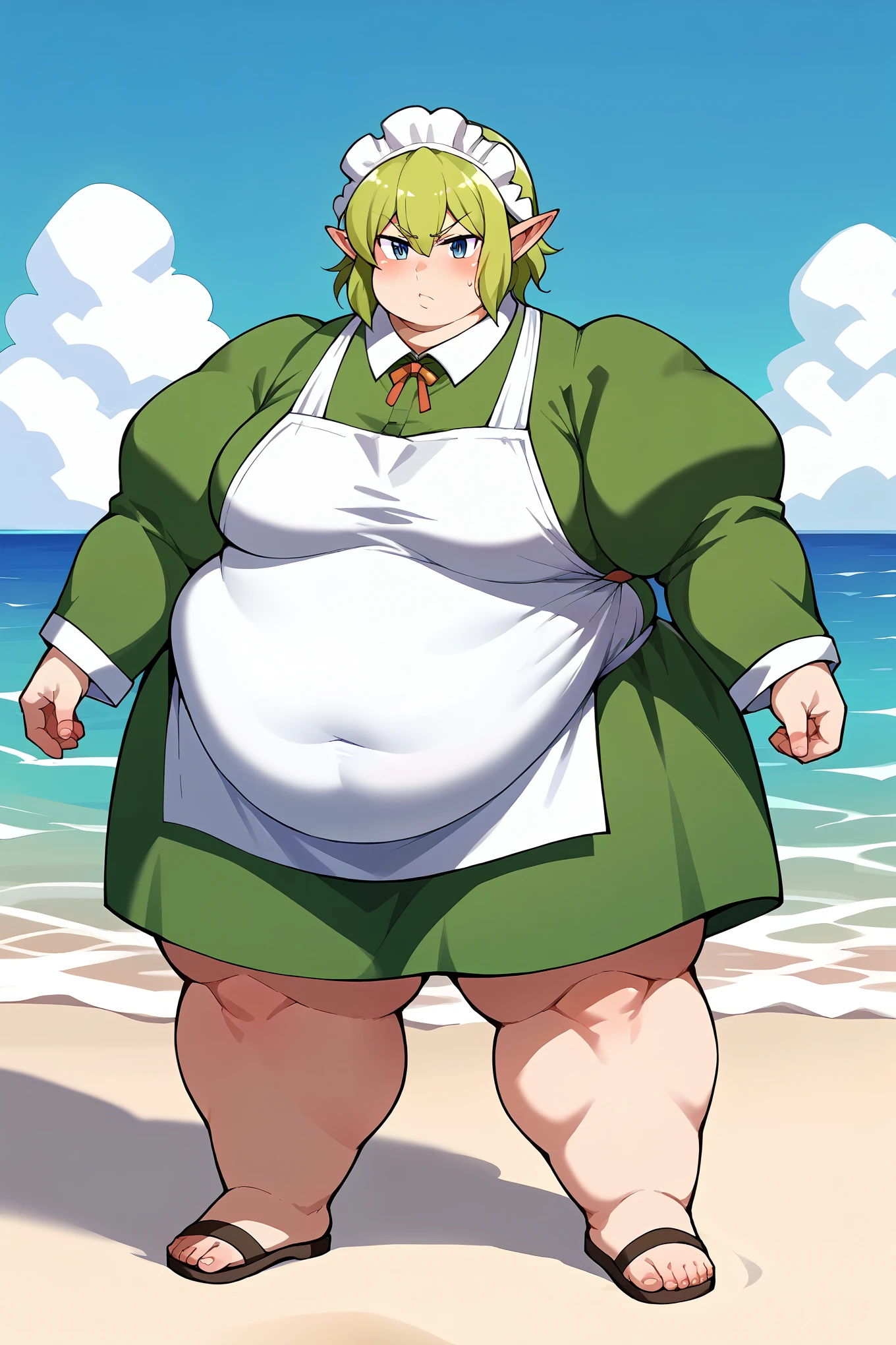 score_9, score_8_up, score_7_up, score_6_up, source_anime, BREAK 1girl, solo  ryuu, green hair, maid headdress, green swimsuit, long sleeves, white apron, looking at you, blush, serious, beach, ocean, full body shot, fat, chubby, obese, gigantic arms and legs, big belly 