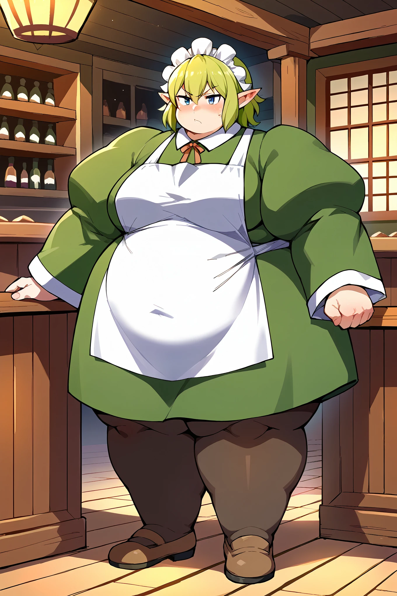 score_9, score_8_up, score_7_up, score_6_up, source_anime, BREAK 1girl, solo  ryuu, green hair, maid headdress, green dress, long sleeves, white apron, pantyhose, looking at you, blush, serious, tavern, indoors, full body shot, fat, chubby, obese, gigantic arms and legs, big belly 