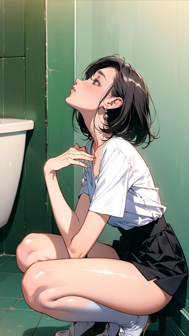 ( best quality ,4K,  Kampala ,masterpiece:1.2),   very detailed ,Realistic:1.37,Very Skinny、Small breasts、 black short bob、Earrings、 black skirt 、 white blouse、 black stockings、club　nsfw embarrassing expression　girl, ahegao, open mouth, red cheek, squatting, knees apart, sit on men’s toilet, nude, look up, wide shot, nsfw