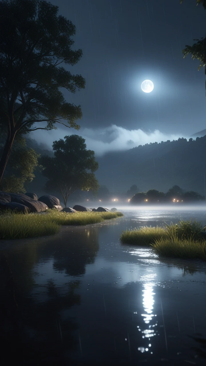 A beautiful landscape, rain, moonlight, reflection, weather droplets, mist, atmospheric, serene, peaceful, tranquil, cinematic, dramatic lighting, volumetric fog, realistic water droplets, high quality, 8k, photorealistic, detailed, masterpiece