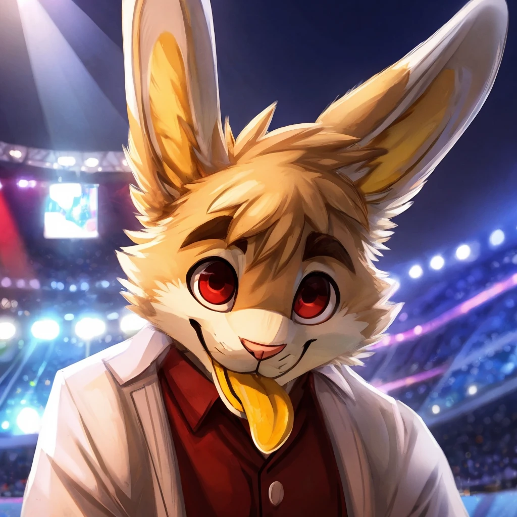 A closeup of an anthropomorphic, white rabbit, yellow and white colored ears, adult rabbit, closed smile, cherry-red colored eyes, he's happy, high quality furry art, 2D sketch, yellow tounge, tounge out, bassist clothes, blue lights and stadium background.