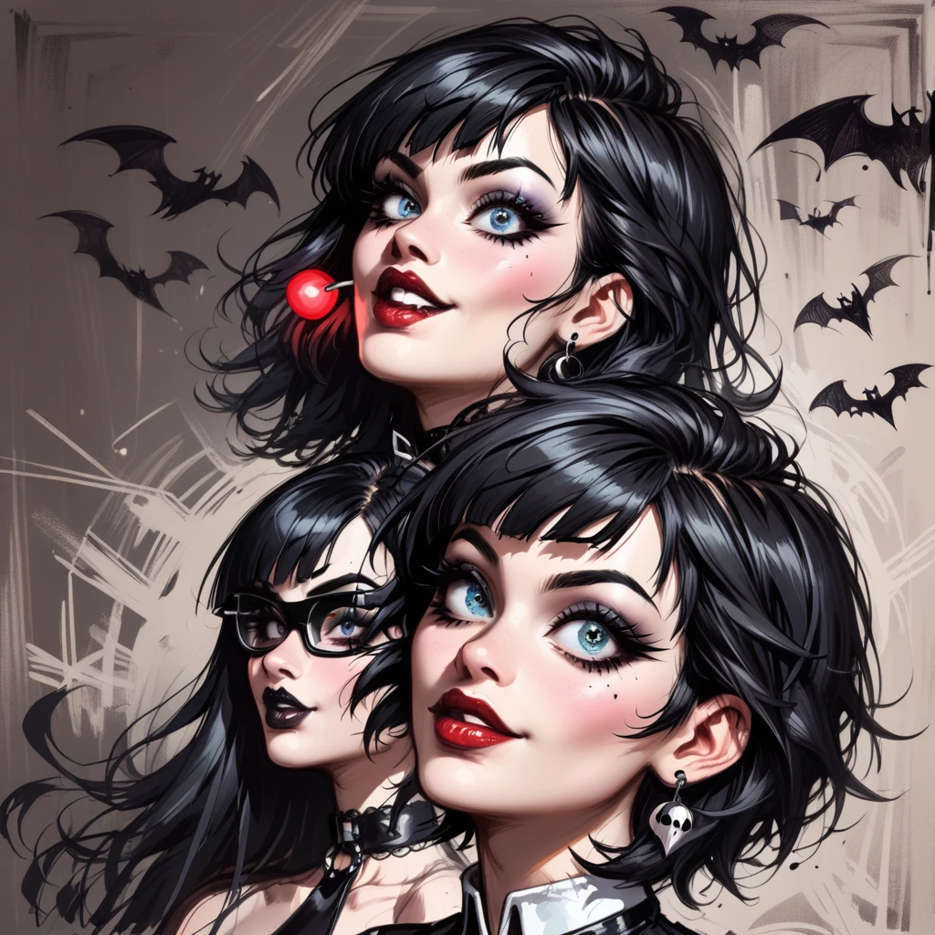 A rough pencil sketch of a cartoon character spiky hair and crazy eyes, in the style of Tim Burton  two women with black hair and red lipstick posing for a picture, she has black hair with bangs, goth girl aesthetic, hair blackbangs hair, beautiful gemini twins portrait, black bangs, goth aesthetic, black hair and large eyes, beautiful gemini twins, alena aenami and lilia alvarado, both have red lips, black hair and white bangs, A rough pencil sketch of a cartoon character spiky hair and crazy eyes, in the style of Tim Burton 