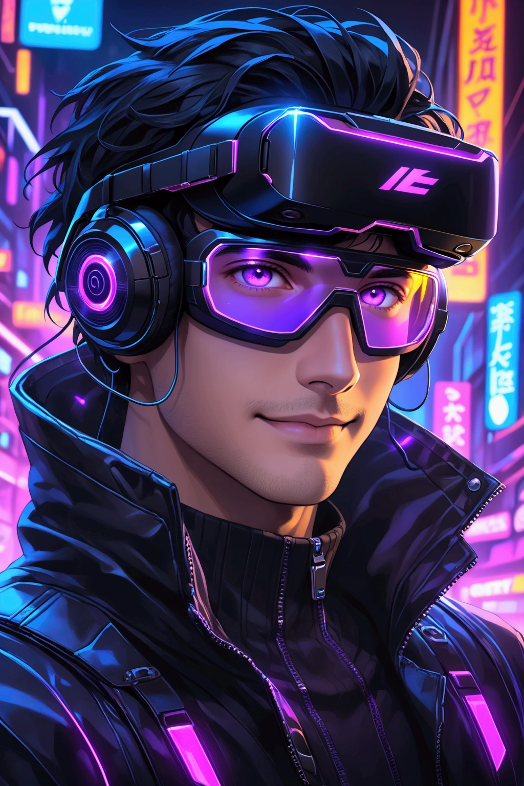 1 rabbit, dark purple fur,There is a wound on the cheek.,Wear VR glasses ,Look at the viewer directly in front of you.,สวมชุดเกราะ Sci-fi robot tone neon ,Boss,Neon light on stage,speaking with determination,Clear picture, picture of only 1 person