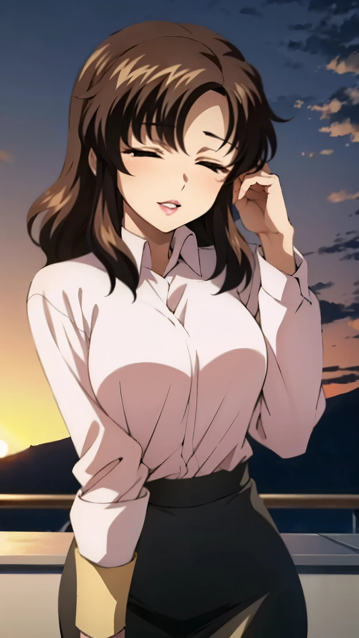 （super high quality, super high resolution ,16k,super masterpiece,Ultra HD ,Detailed shading and background,）Shooting from below,One sexy mature woman,（Long-sleeved pink shirt unbuttoned and unfolded,Red pencil skirt,）smile,Thick lips,blush,Sky background with a view of the sunset,Hair lifted by the wind,Hold your hair with one hand,