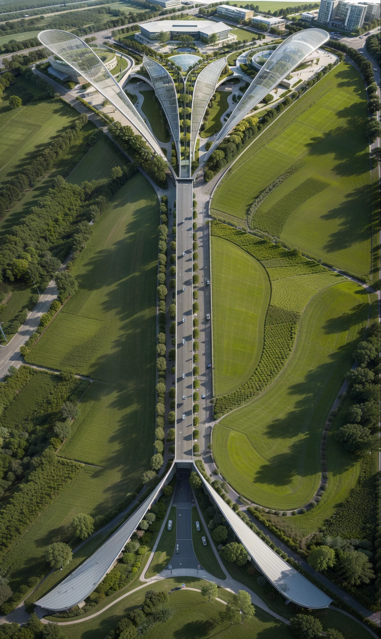 airport plan, city park Architecture by , tropical, Circular huts, aerial,  fountain, fields, tennis field, football field, realistic bird eye view, brown walkways emphasized