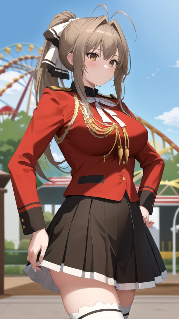 masterpiece, best quality, highres, aaisuzu, 1girl, ponytail, hair bow, brown eyes, uniform, red shirt, aiguillette, black skirt, white thighhighs, amusement park, standing, cowboy shot, hand on hip,