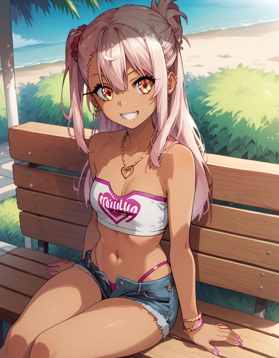 1girl,solo,smile,outdoor,midriff, pink tube top, denim hotpants, open fly, beld, gyaru clothes, thighighs,sitting,bench, chloe,dark_skinned_female,dark_skin,long_hair,pink_hair,yellow_eyes,hair_between_eyes,white_hair,bangs,small_breasts,,half_updo,one_side_up, young girl, li, (takeda hiromitsu), slender waist, nice hips, slut