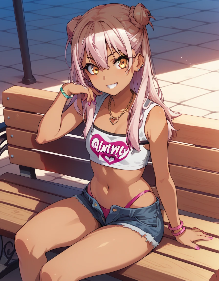 1girl,solo,smile,outdoor,midriff, pink tube top, denim hotpants, open fly, beld, gyaru clothes, thighighs,sitting,bench, chloe,dark_skinned_female,dark_skin,long_hair,pink_hair,yellow_eyes,hair_between_eyes,white_hair,bangs,small_breasts,,half_updo,one_side_up, young girl, ****, (takeda hiromitsu), slender waist, nice hips, slut