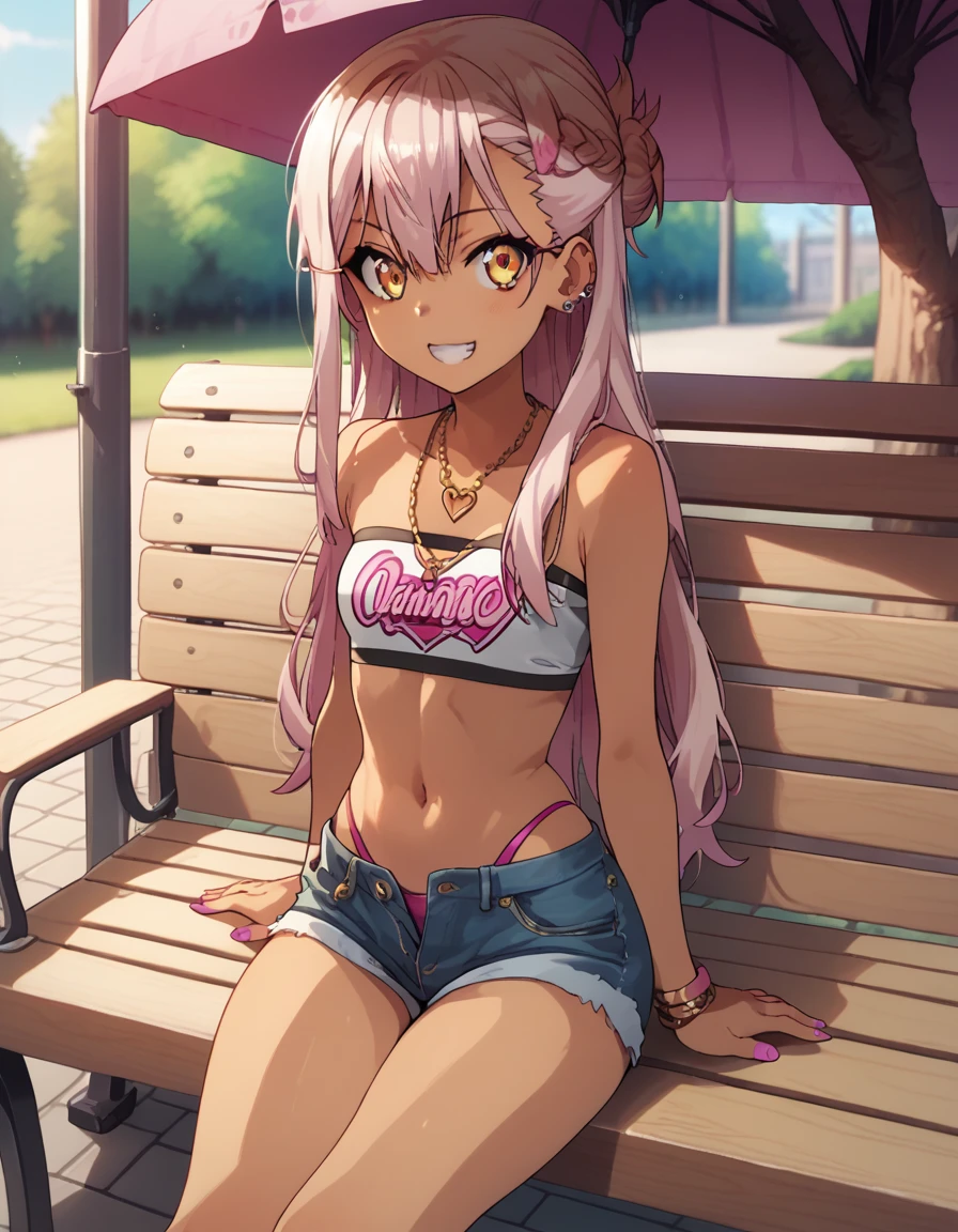 1girl,solo,smile,outdoor,midriff, pink tube top, denim hotpants, open fly, beld, gyaru clothes, thighighs,sitting,bench, chloe,dark_skinned_female,dark_skin,long_hair,pink_hair,yellow_eyes,hair_between_eyes,white_hair,bangs,small_breasts,,half_updo,one_side_up, young girl, li, (takeda hiromitsu), slender waist, nice hips, slut