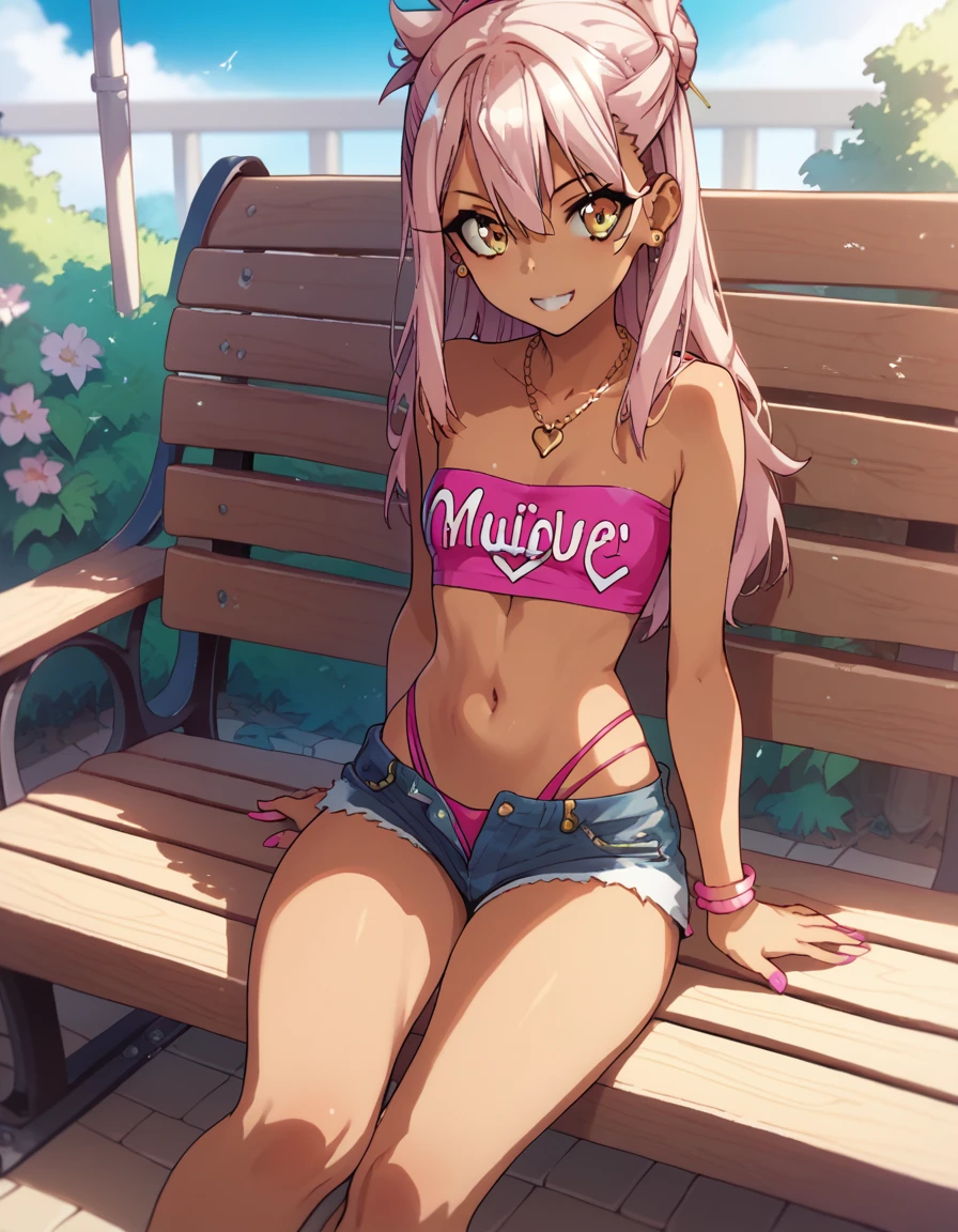 1girl,solo,smile,outdoor,midriff, pink tube top, denim hotpants, open fly, beld, gyaru clothes, thighighs,sitting,bench, chloe,dark_skinned_female,dark_skin,long_hair,pink_hair,yellow_eyes,hair_between_eyes,white_hair,bangs,small_breasts,,half_updo,one_side_up, young girl, loli, (takeda hiromitsu), slender waist, nice hips, slut