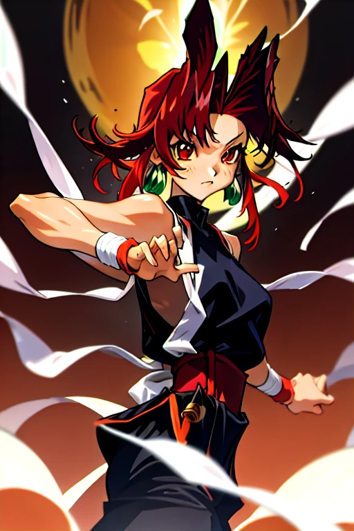 Several girls, Toushinden ,  retro art style,  masterpiece , melhor qualidade tiger saber marionette red eyes red short hair bangs black outfit 