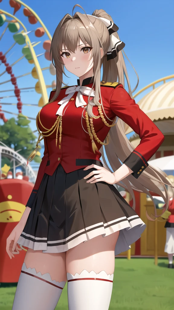 masterpiece, best quality, highres, aaisuzu, 1girl, ponytail, hair bow, brown eyes, uniform, red shirt, aiguillette, black skirt, white thighhighs, amusement park, standing, cowboy shot, hand on hip,