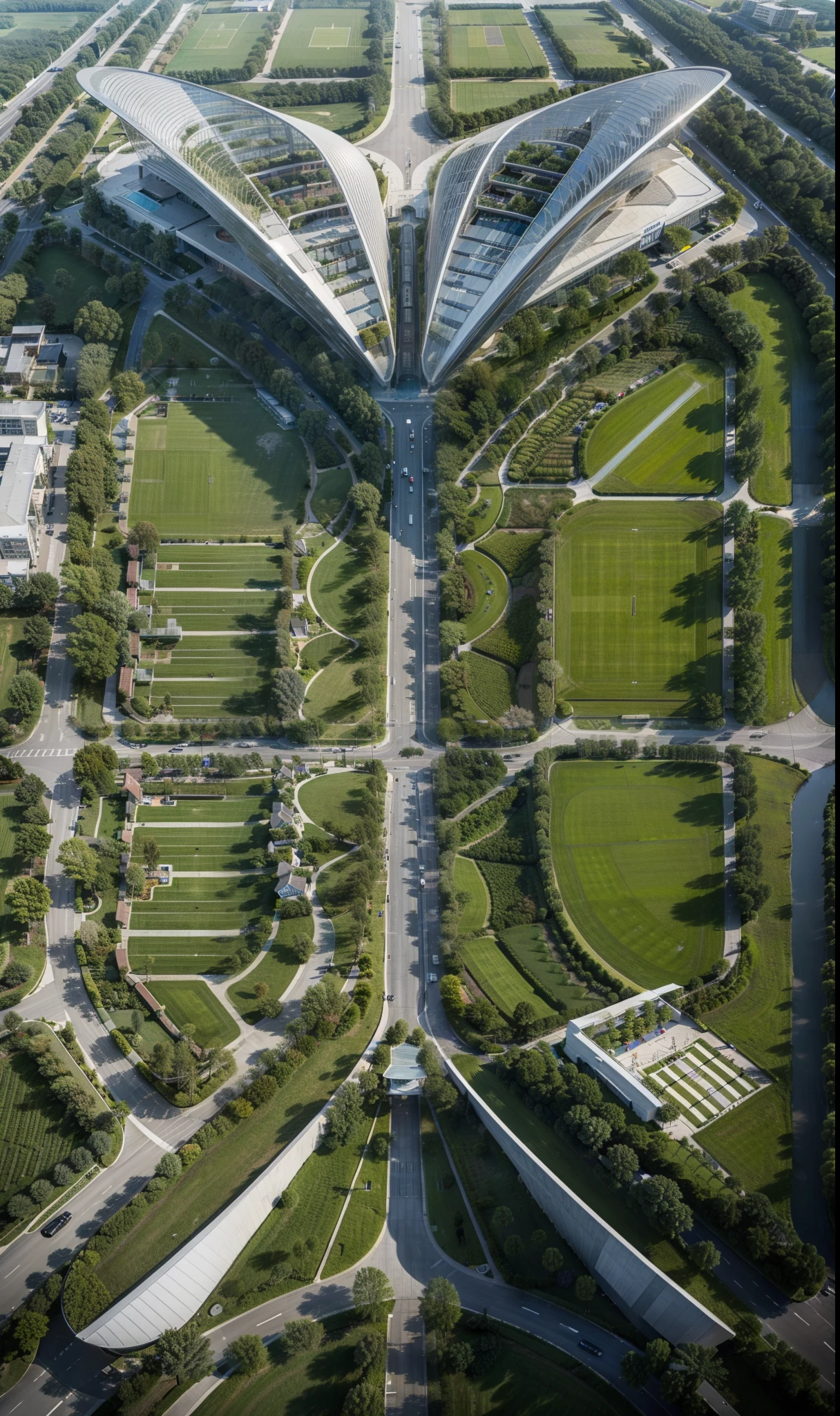 airport plan, city Architecture, aerial,  fountain, fields, tennis field, football field, realistic bird eye view, roads