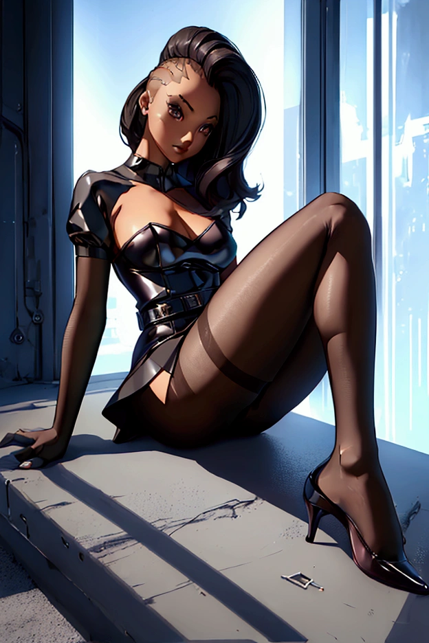 shadow,  wearing a short dress, tablet,  nylon pantyhose, seductive leg , exposed hip,  perfect body , big thighs, in this, sitting with legs open, ripped dress, The belt, semi nude