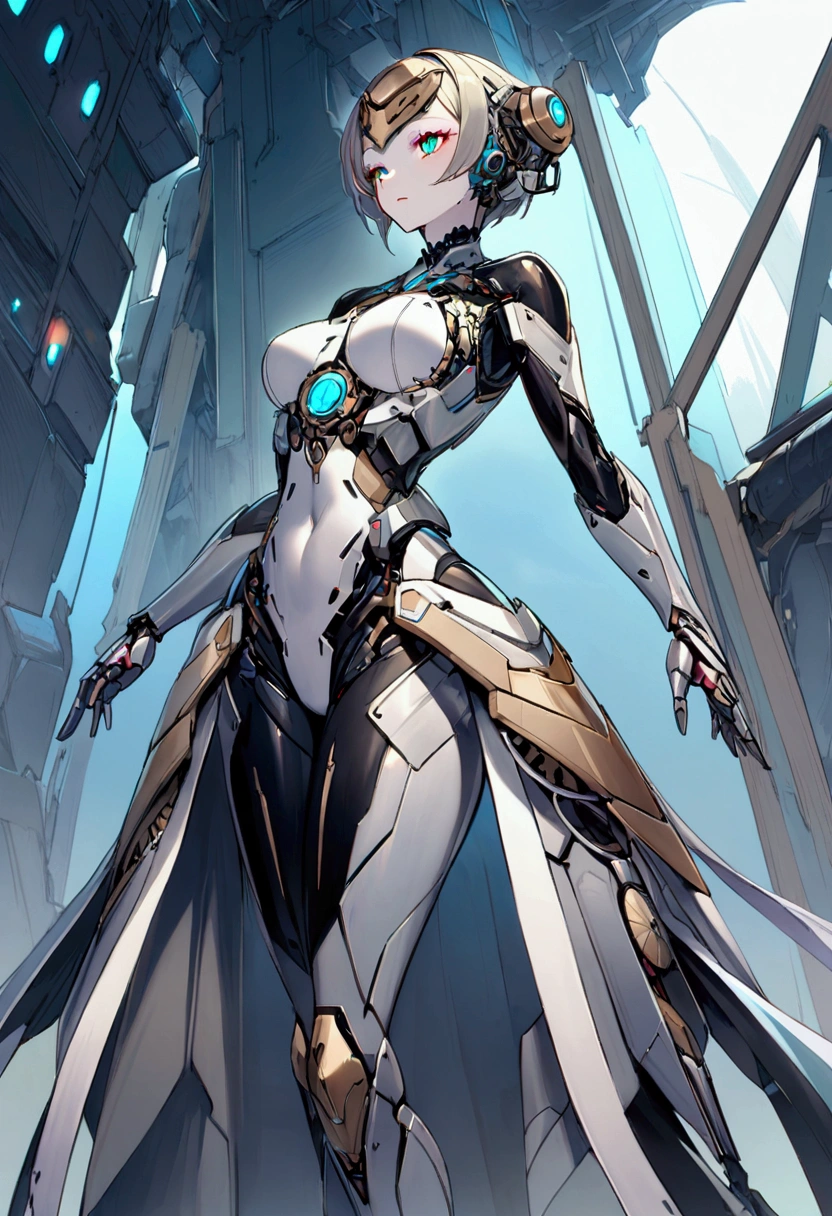 a highly advanced female android you built to be your companion and caretaker. She stands at 5'6" with a lithe, graceful build that's clearly mechanical in nature. Her body is a blend of sleek metal panels and exposed gears, giving her a distinct clockwork appearance