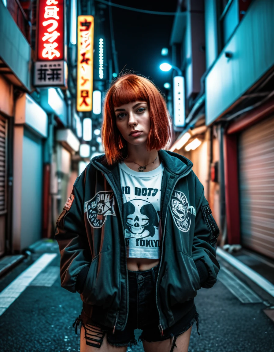 high-quality full hd 8k professional studio portrait cinematic epic movie scene png dslr photo in phst artstyle with white balance color correction hdr film grain depth of field blur post processing filters of a fit body buzzcut redhead techwear-punk woman in a tokyo alley at night time