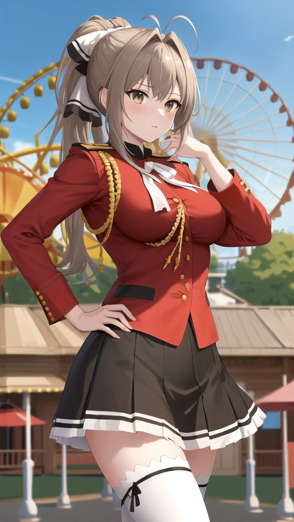 masterpiece, best quality, highres, aaisuzu, 1girl, ponytail, hair bow, brown eyes, uniform, red shirt, aiguillette, black skirt, white thighhighs, amusement park, standing, cowboy shot, hand on hip,