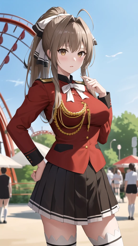 masterpiece, best quality, highres, aaisuzu, 1girl, ponytail, hair bow, brown eyes, uniform, red shirt, aiguillette, black skirt, white thighhighs, amusement park, standing, cowboy shot, hand on hip,