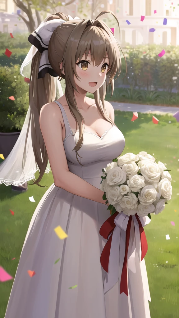 masterpiece, best quality, highres, aaisuzu, 1girl, ponytail, hair bow, brown eyes, wedding dress, standing, garden, confetti, holding bouquet, smile, open mouth,