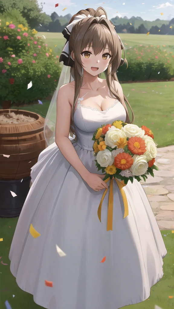 masterpiece, best quality, highres, aaisuzu, 1girl, ponytail, hair bow, brown eyes, wedding dress, standing, garden, confetti, holding bouquet, smile, open mouth,