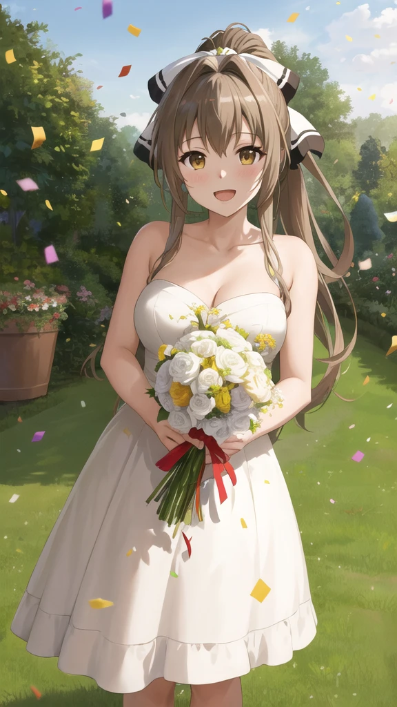 masterpiece, best quality, highres, aaisuzu, 1girl, ponytail, hair bow, brown eyes, wedding dress, standing, garden, confetti, holding bouquet, smile, open mouth,