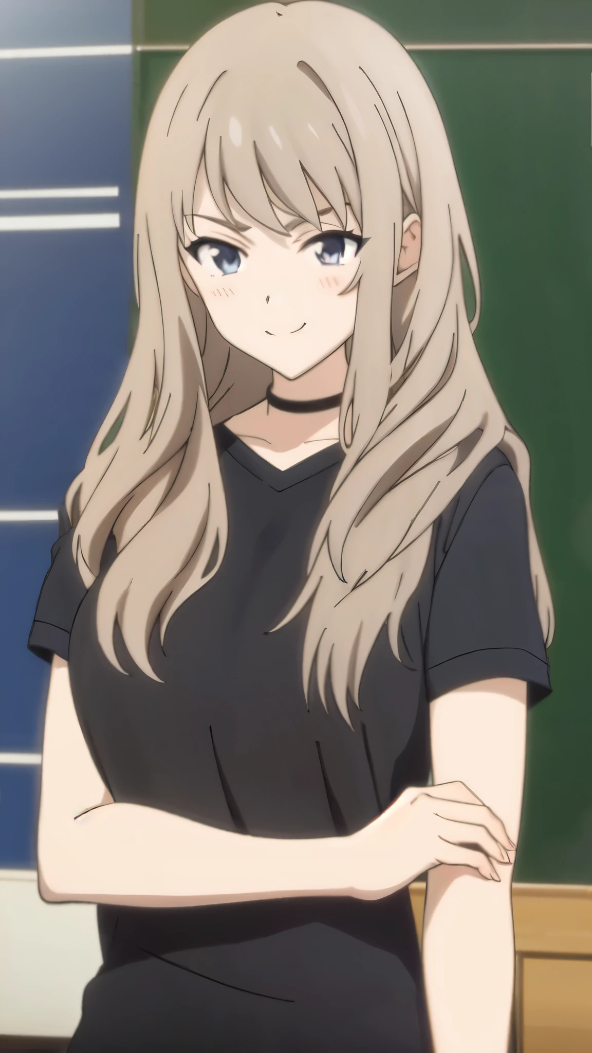 (score_9, score_8_up, score_7_up, source anime, higter, rating explicit, BREAK, best quality:1.2), 1girl, long hair,gray hair,gray eyes, Half body, t-shirt, levis, (1boy, emo), Holding boyfriend's arm, smile 