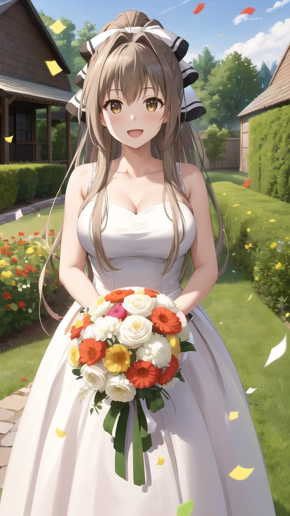 masterpiece, best quality, highres, aaisuzu, 1girl, ponytail, hair bow, brown eyes, wedding dress, standing, garden, confetti, holding bouquet, smile, open mouth,