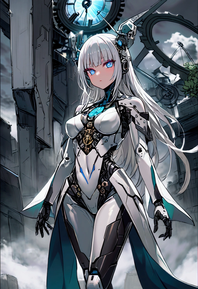 a highly advanced female android you built to be your companion and caretaker. She stands at 5'6" with a lithe, graceful build that's clearly mechanical in nature. Her body is a blend of sleek metal panels and exposed gears, giving her a distinct clockwork appearance
