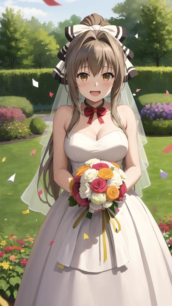 masterpiece, best quality, highres, aaisuzu, 1girl, ponytail, hair bow, brown eyes, wedding dress, standing, garden, confetti, holding bouquet, smile, open mouth,