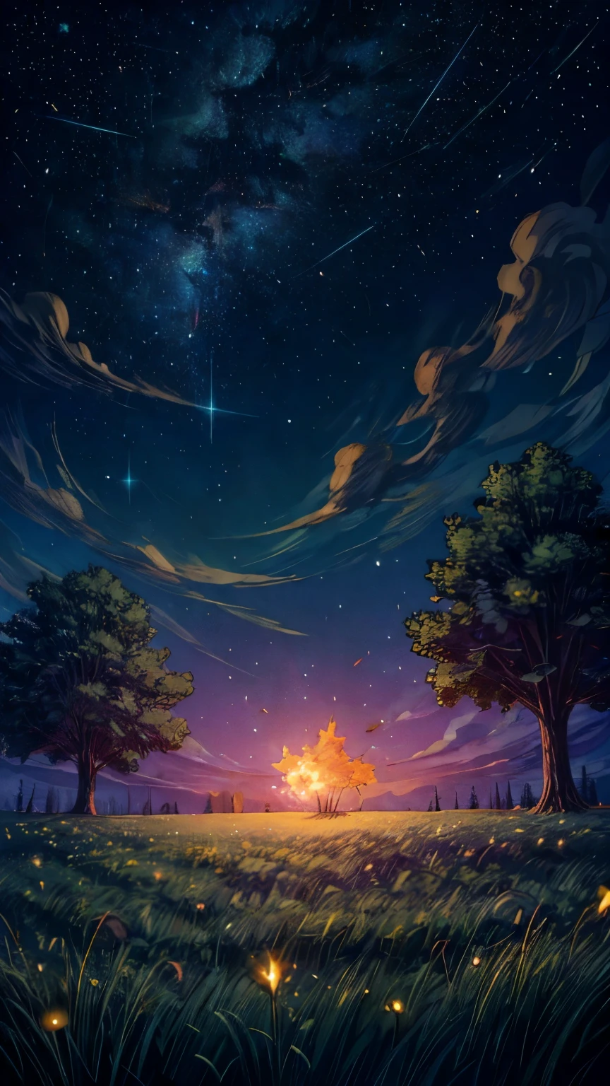A grassy field lit of glowing fireflies under a clear, starry night sky.