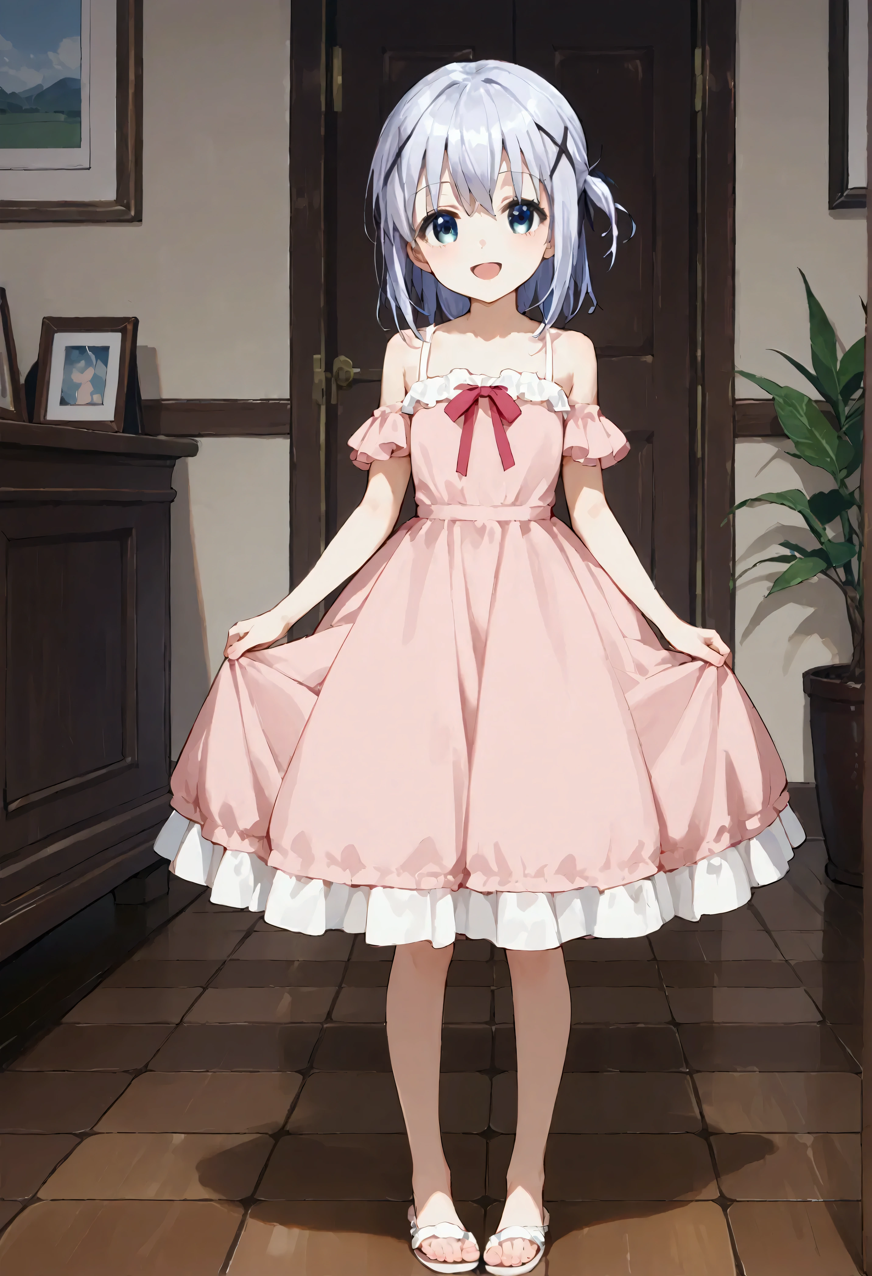 score_9, score_8_up, score_7_up, source_anime,Chino Kafuu,x hair ornament, dress, smile, open mouth, feet, standing, looking at viewer, :d, pink dress, bare shoulders, ribbon, room, flooring,