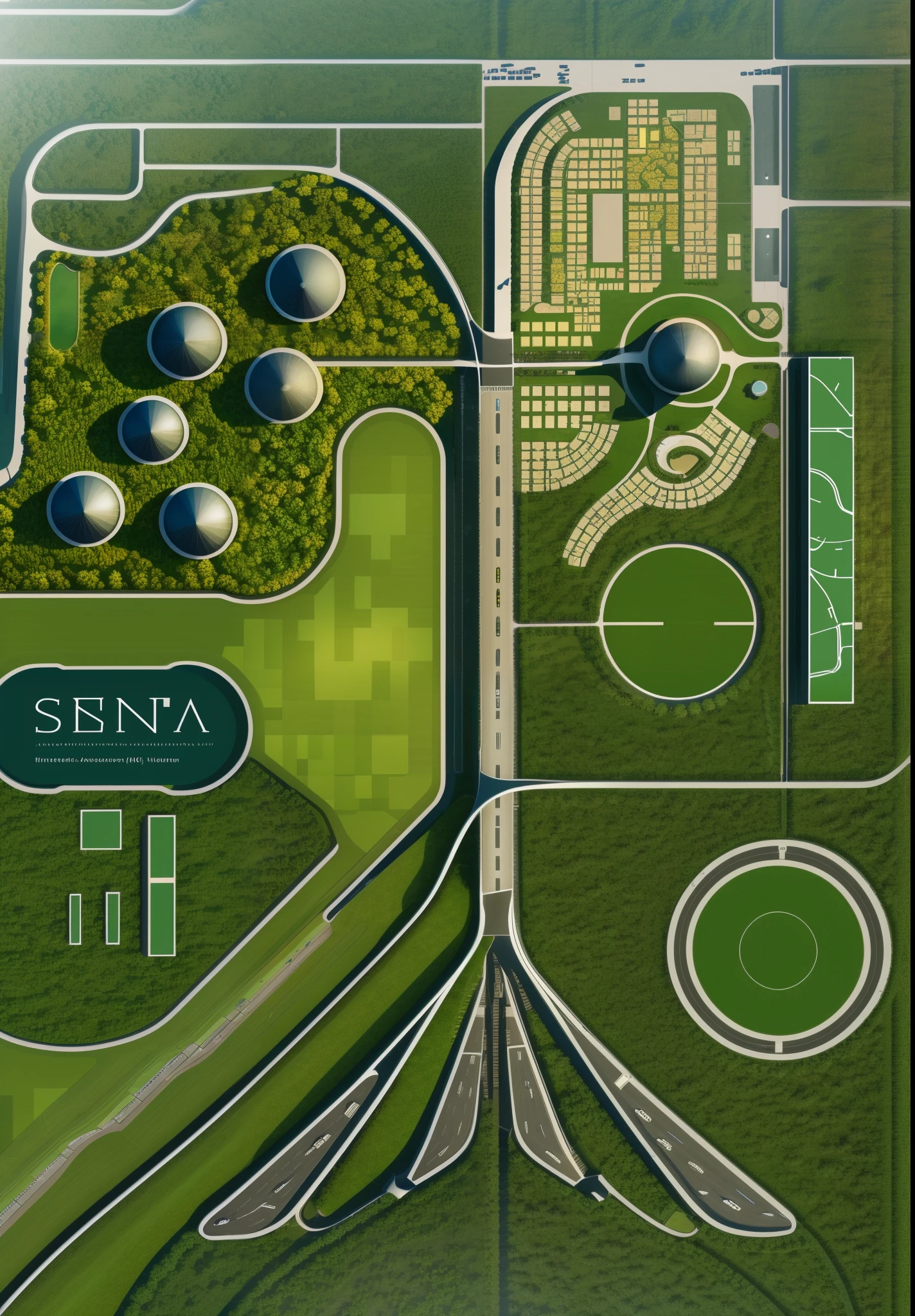 airport plan, roads, aerial, green lush, buildings , cars, pools, trees