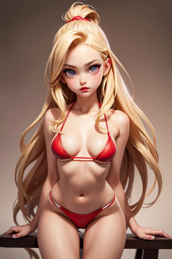 hyperrealistic  american teen, blondittle, perfect tiny body, sexy, dark makeup, small choker, perfect slim face, big red lips, very cute face, tiny body, big eyes, young looking, childish looking, perfect belly, gift tape wrap on her body