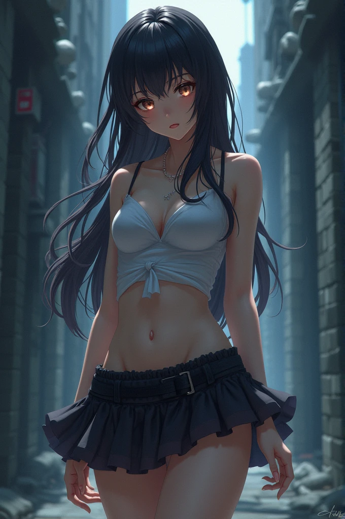 Anime Kawaii sexy Perfect Slim sensual body large breast and huge thighs, An intricate and highly detailed illustration of anime (Young girl). a beautiful girl with long black hair, wearing a black sleeveless crop top and a pink skirt, standing alone and divided, detailed facial features, intricate clothing, realistic, photorealistic, ultra-detailed, masterpiece, 8k, high quality, digital art