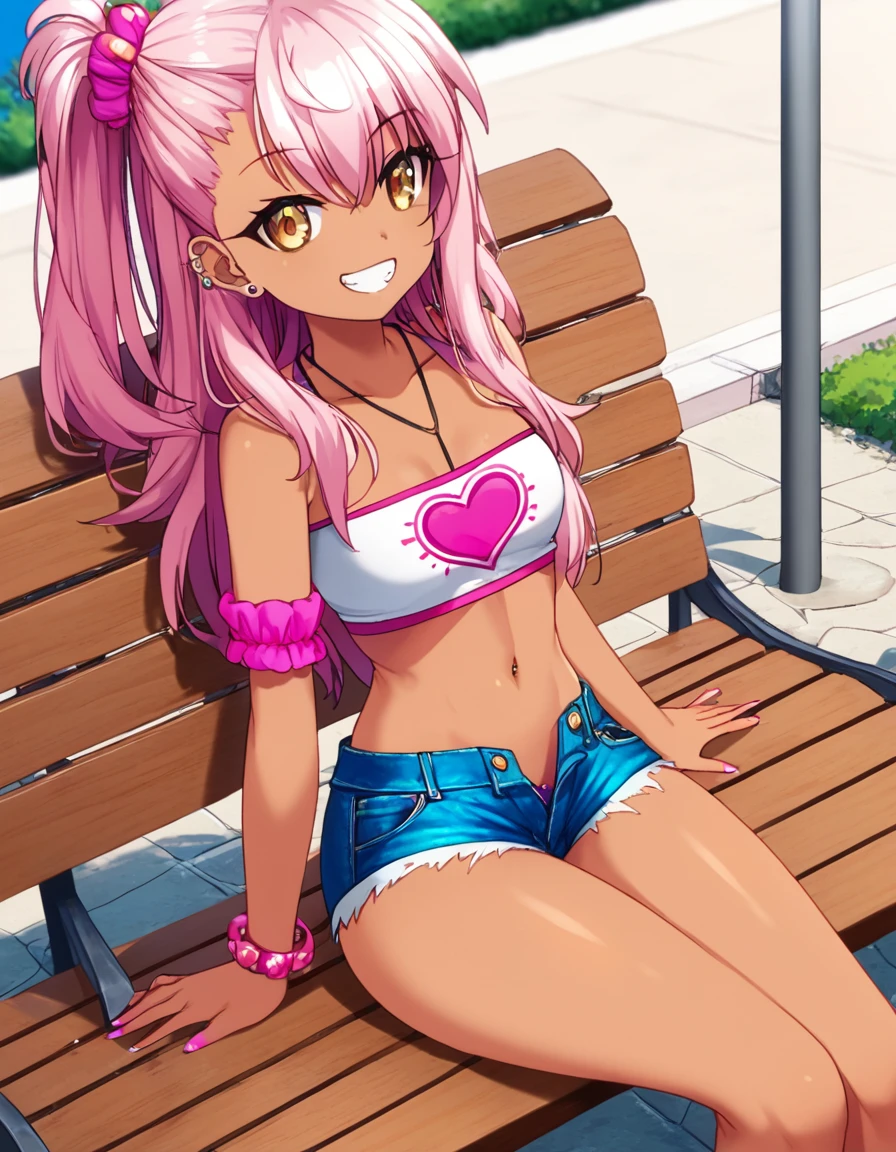 1girl,solo,smile,outdoor,midriff, pink tube top, denim hotpants, open fly, beld, gyaru clothes, thighighs,sitting,bench, chloe,dark_skinned_female,dark_skin,long_hair,pink_hair,yellow_eyes,hair_between_eyes,white_hair,bangs,small_breasts,,half_updo,one_side_up, young girl, li, slender waist, nice hips, slutty loli